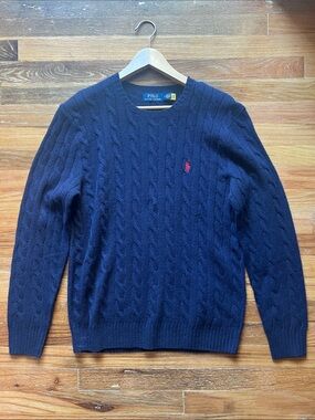 Polo by Ralph Lauren Navy Cashmere Wool Blend Cable-Knit Crewneck Sweater